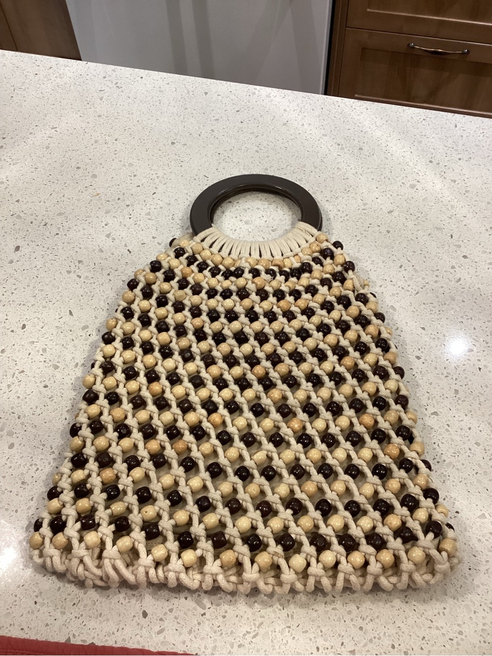 C&C California Cream Woven Bead Tote with Brown Wood Handle